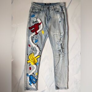 Vintage Public Supply co customized ripped Jeans embellished pop Art streetwear